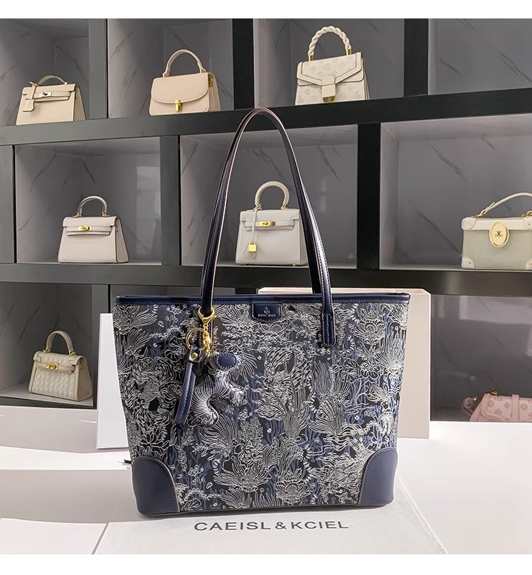 Bucket Bag Suede - Large Capacity Blue Color Embroidery Tote
