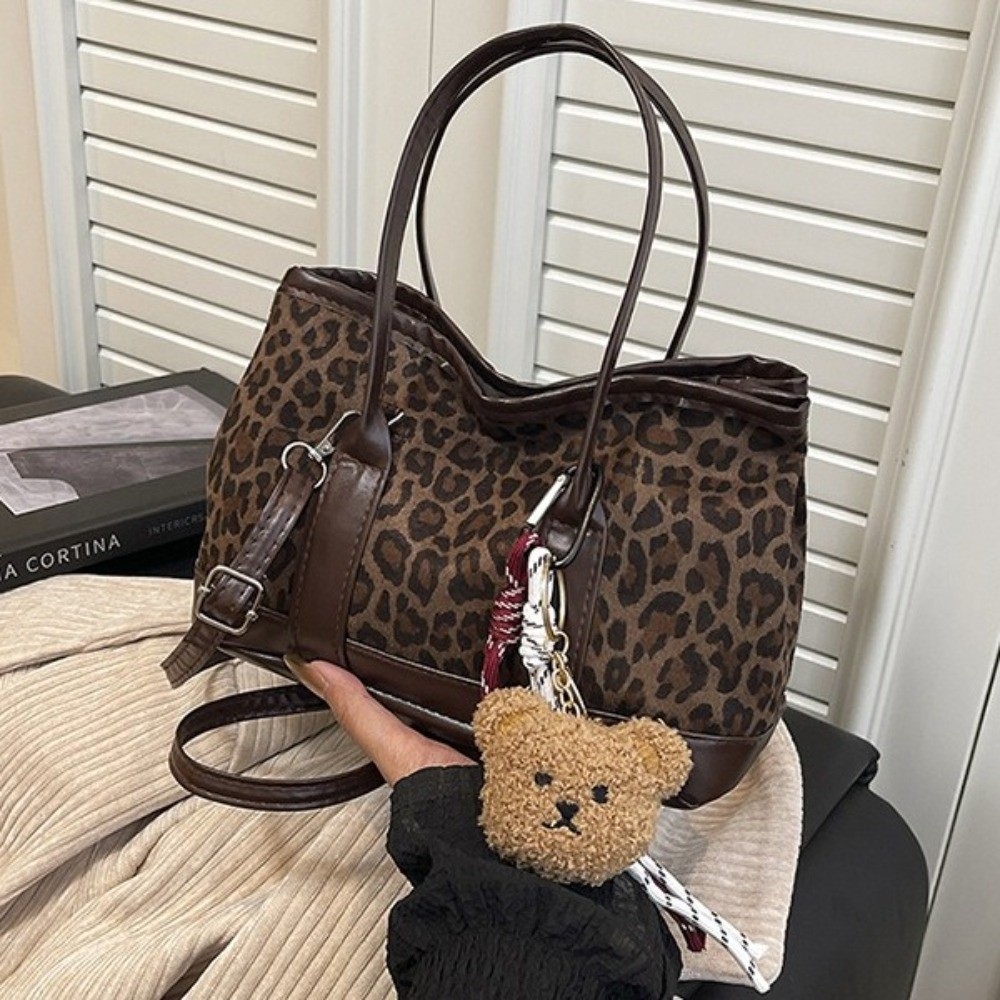 Bucket Bag Suede - Retro Leopard Print Crossbody Bag Large