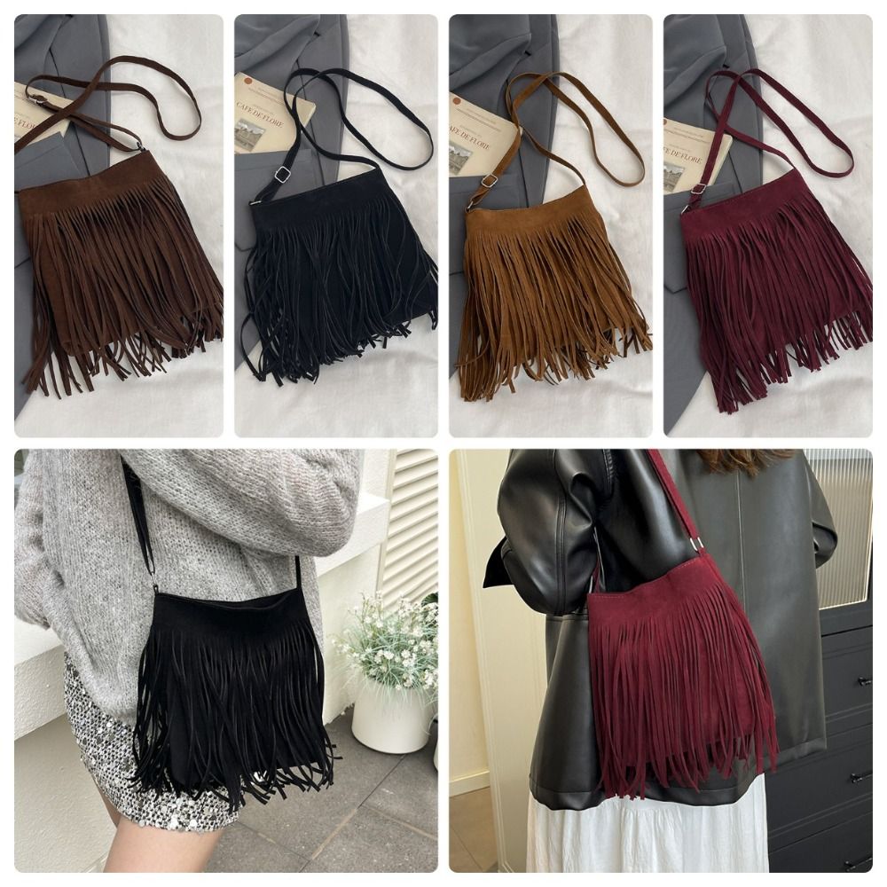Vintage Suede Fringe Crossbody - đánh giá và giá Bucket Bag Suede