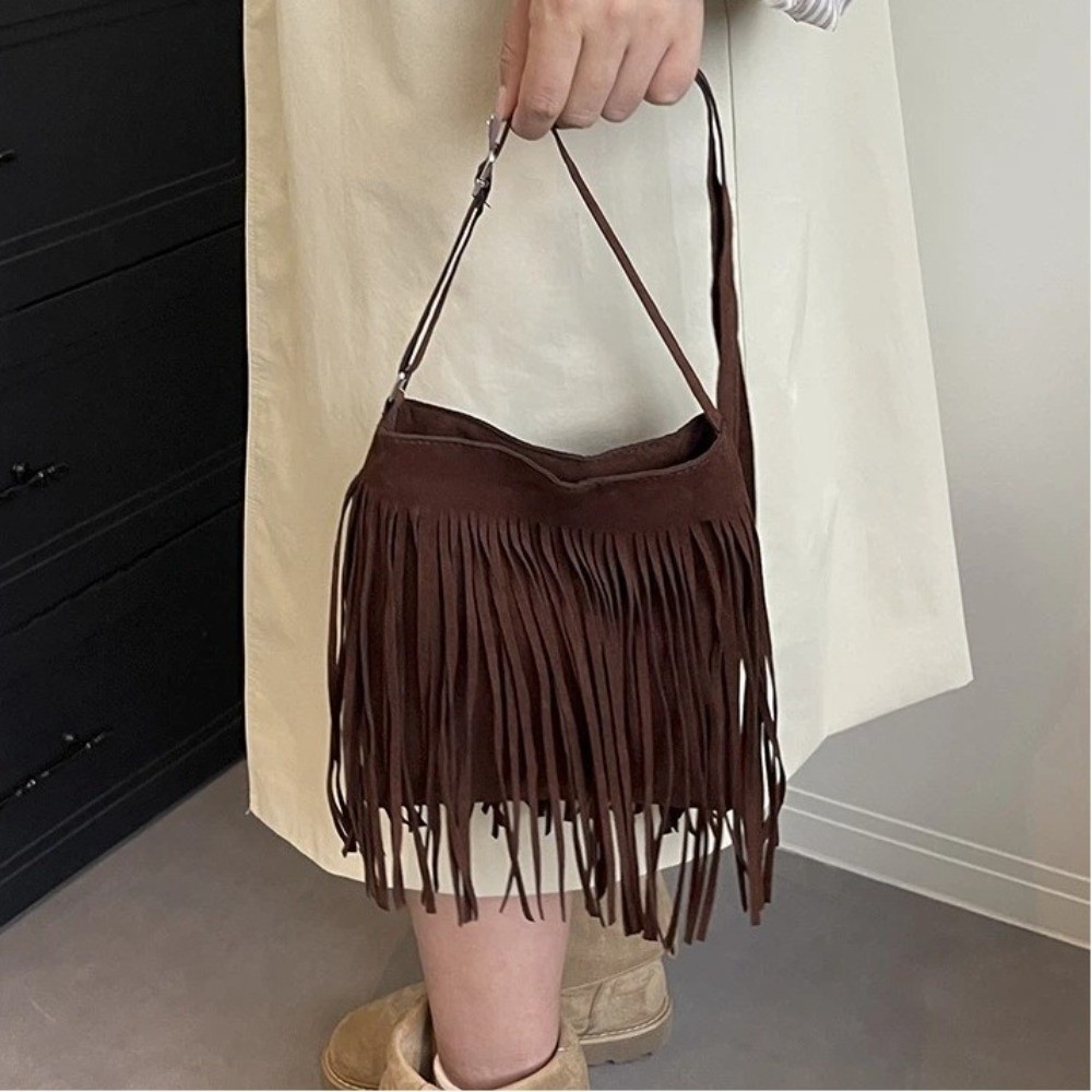 Vintage Suede Fringe Crossbody - đánh giá và giá Bucket Bag Suede
