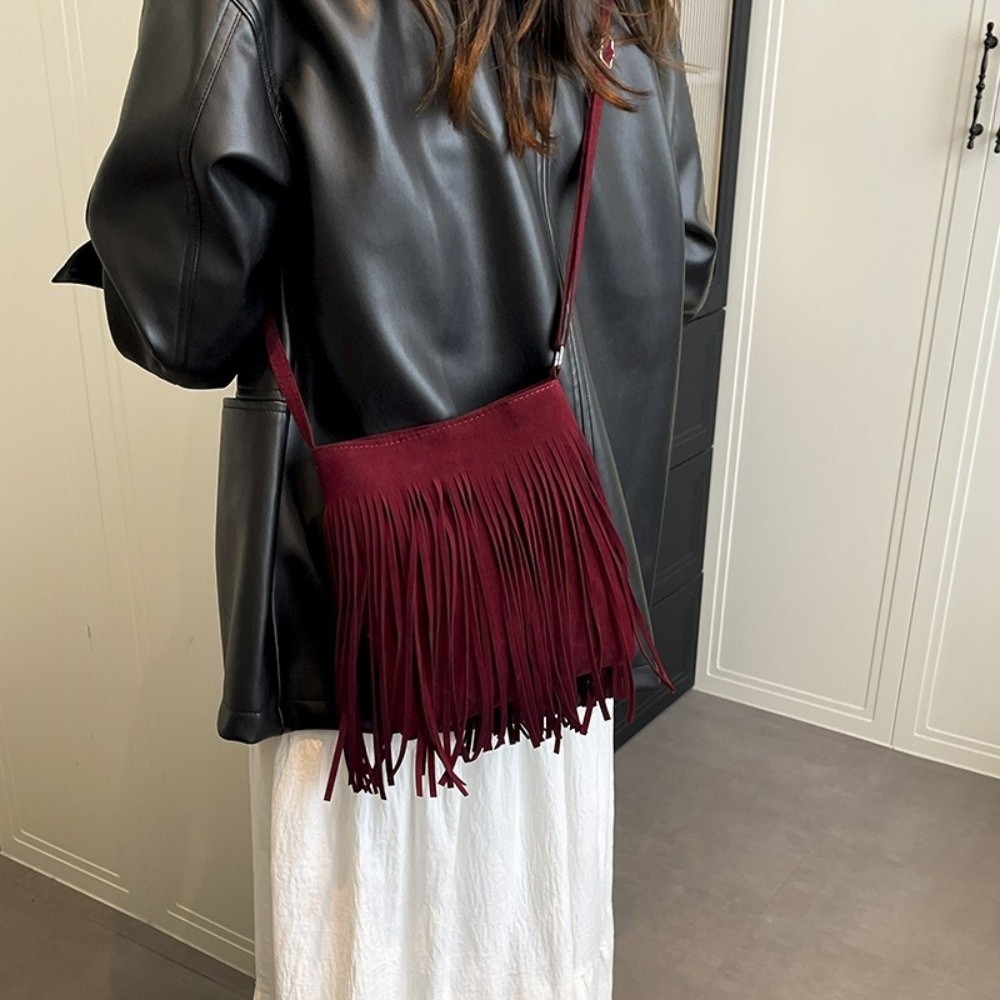 Vintage Suede Fringe Crossbody - đánh giá và giá Bucket Bag Suede