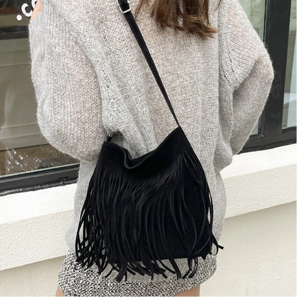 Vintage Suede Fringe Crossbody - đánh giá và giá Bucket Bag Suede